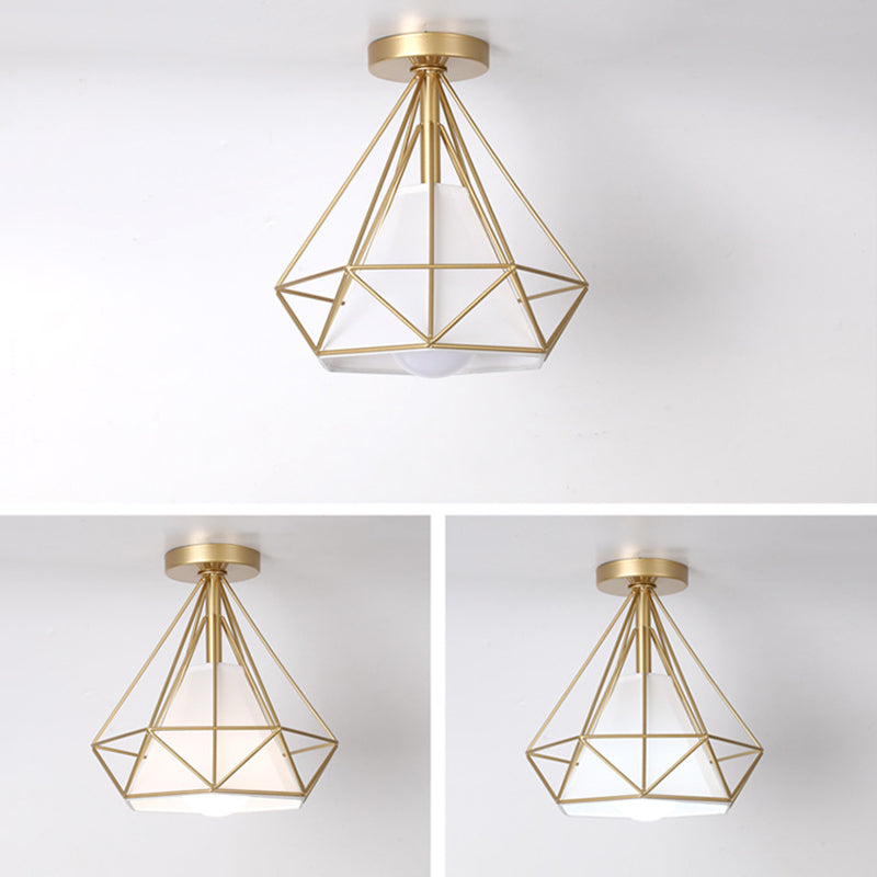 Diamond Cage Semi Flush Mount Light Fixture Industrial Iron Ceiling Mounted Fixture for Corridor