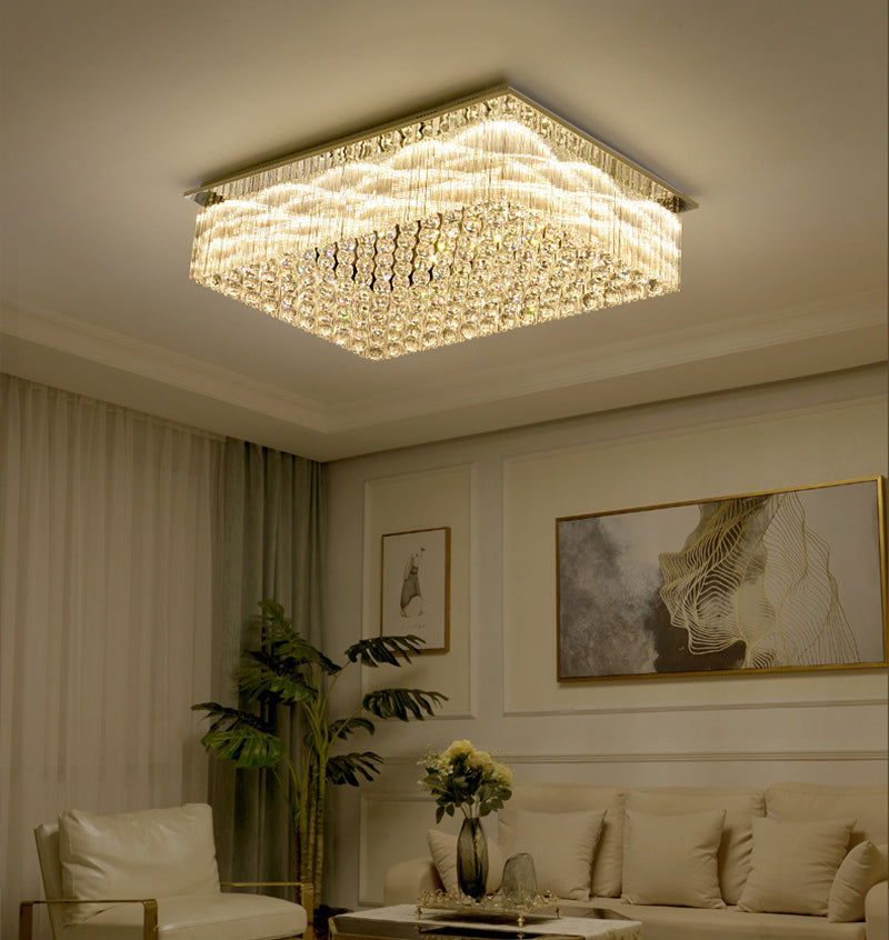 Geometric Stainless-Steel LED Ceiling Light in Modern Luxury Style Crystal Indoor Flush Mount in Silver