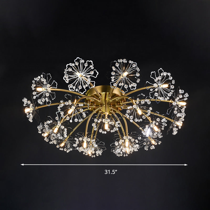 Gold Dandelion Semi Flush Mount Postmodern Crymodern Crystal 21 luces Luces de comedor Iluminación de techo