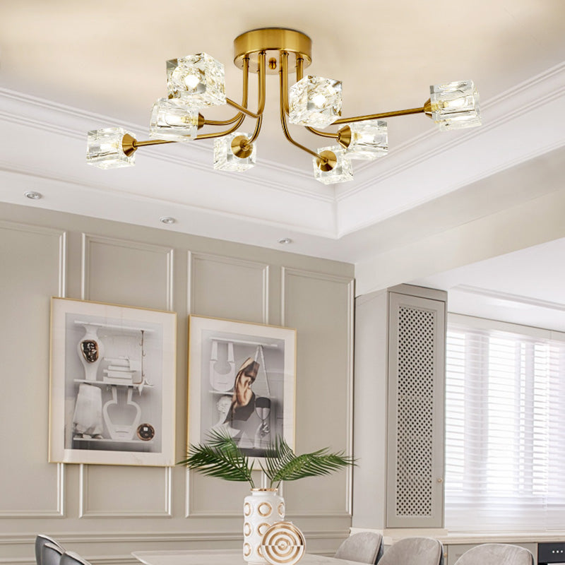 Postmoderne Deckenleuchte mit gebogenem Arm und halbbündiger Deckenleuchte aus kubischem Kristall mit 8 Köpfen in Gold