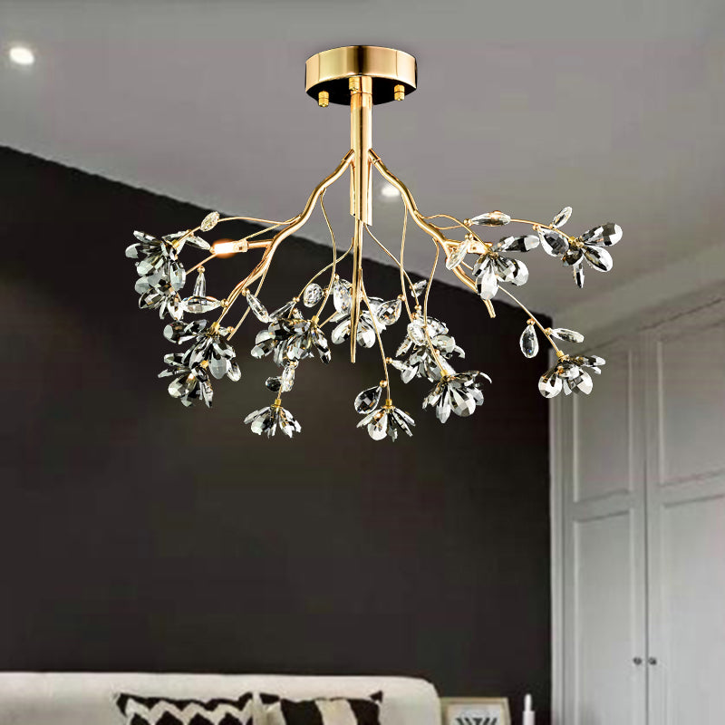 3 Heads Branch Semi Flush Mount Light Fixture Postmodern Gold Leaf Crystal Ceiling Lamp