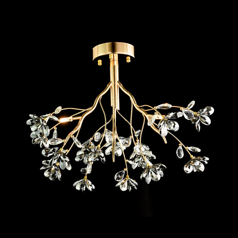 3 Heads Branch Semi Flush Mount Light Fixture Postmodern Gold Leaf Crystal Ceiling Lamp