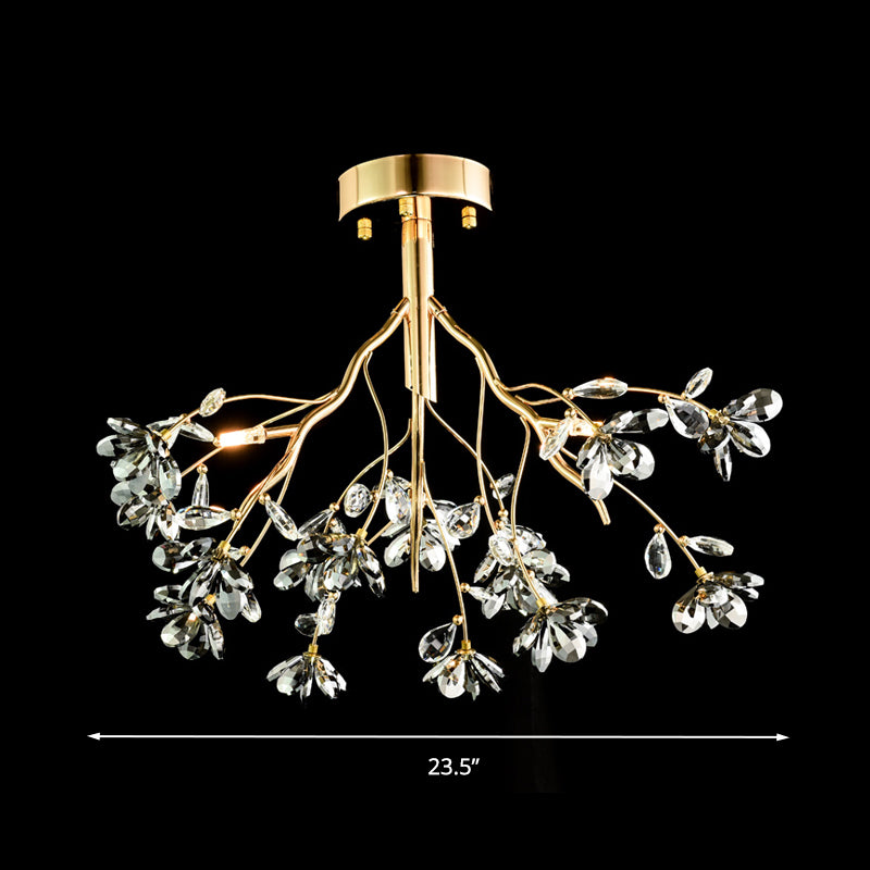 3 Heads Branch Semi Flush Mount Light Fixture Postmodern Gold Leaf Crystal Ceiling Lamp