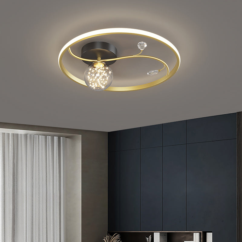 Luz de techo estrellado de metal LED de montaje en forma de anillo negro en forma de anillo con decoración de cristal