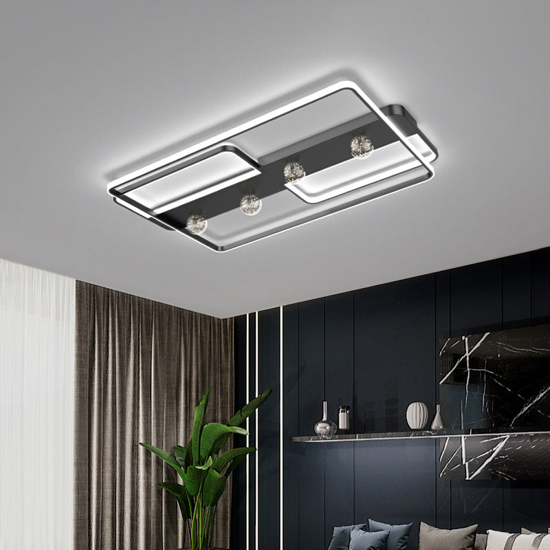 Zwarte rechthoekige inbouwlamp, minimalistische aluminium LED-plafondlamp met bolglazen kap