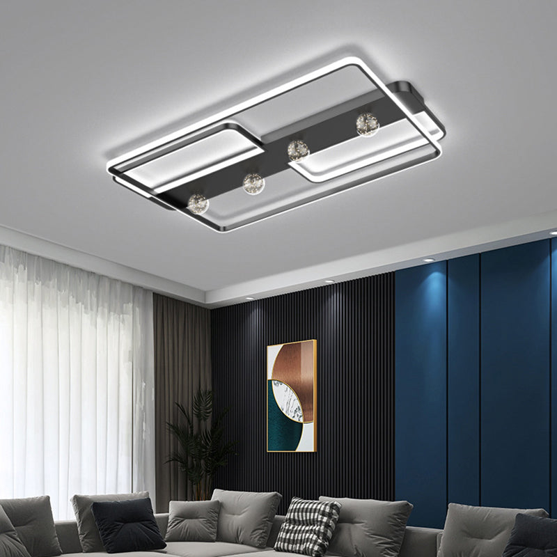 Zwarte rechthoekige inbouwlamp, minimalistische aluminium LED-plafondlamp met bolglazen kap