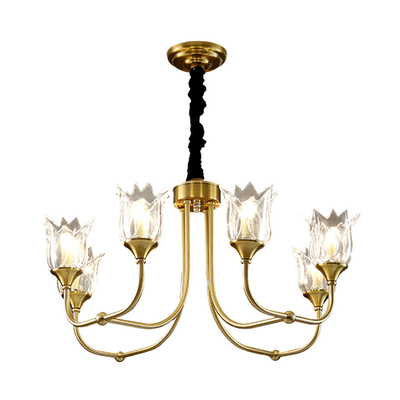 Flor de vidrio transparente luz posmoderna 6 cabezas comedor lámpara lámpara en oro