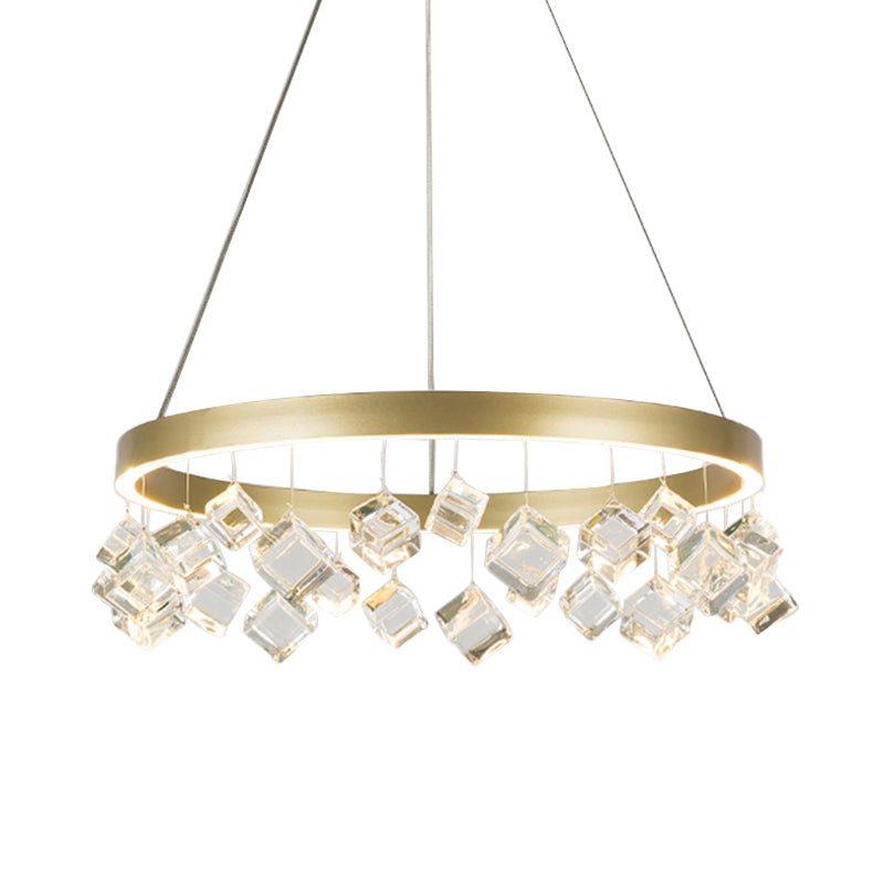 Metal Gold colgante colgante anillo LED LED Postmoderno Candelier en luz cálida/blanca con caída de cristal cúbico