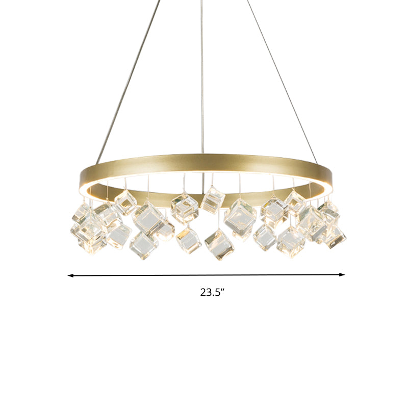 Metal Gold colgante colgante anillo LED LED Postmoderno Candelier en luz cálida/blanca con caída de cristal cúbico