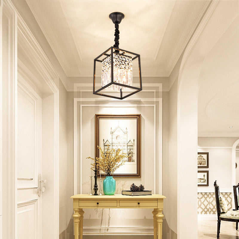 Black Square Suspension Lighting Modernism Three Sided Crystal Rod 2 Heads Corridor Pendant Chandelier