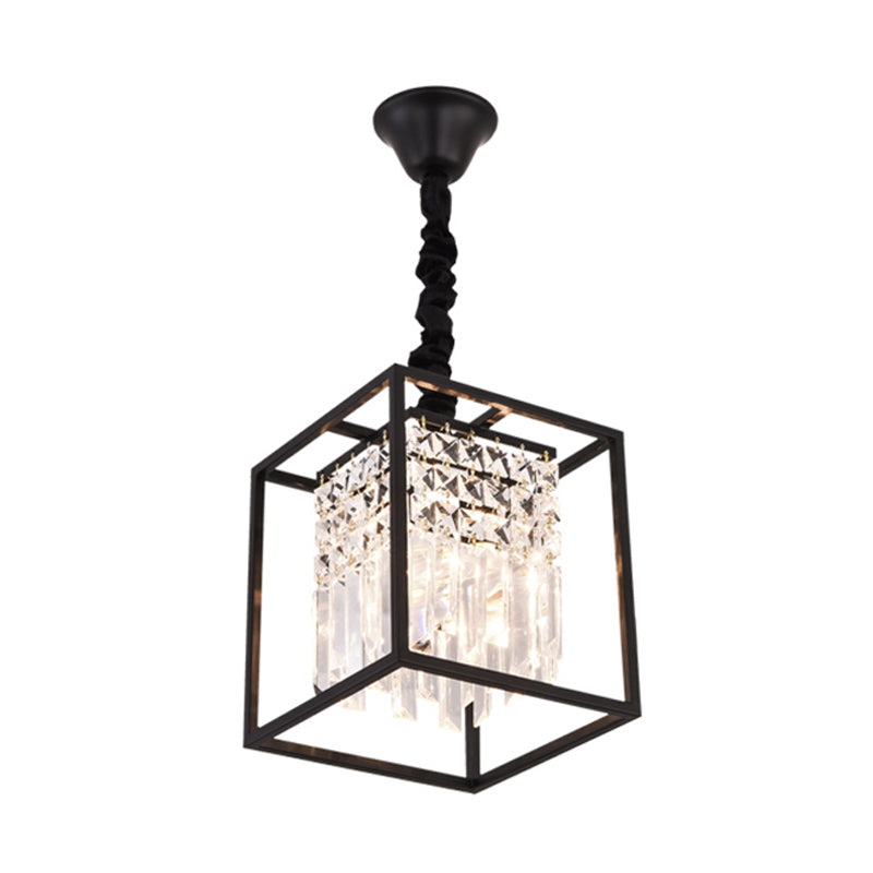 Black Square Suspension Lighting Modernism Three Sided Crystal Rod 2 Heads Corridor Pendant Chandelier