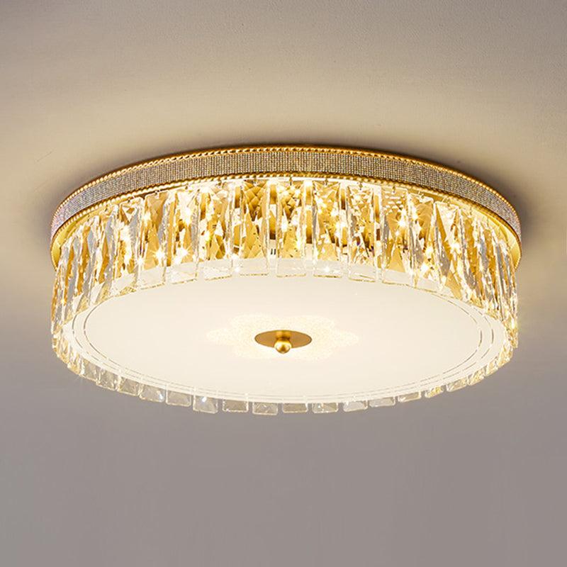 Gold Cylindrical LED Ceiling Light in Modern Luxury Style Crystal Indoor Flush Mount with Glass Shade