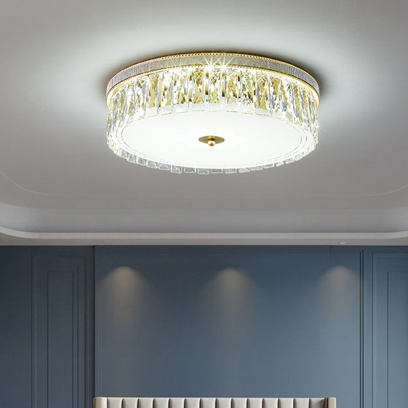 Gold Cylindrical LED Ceiling Light in Modern Luxury Style Crystal Indoor Flush Mount with Glass Shade