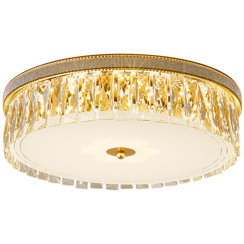 Gold Cylindrical LED Ceiling Light in Modern Luxury Style Crystal Indoor Flush Mount with Glass Shade