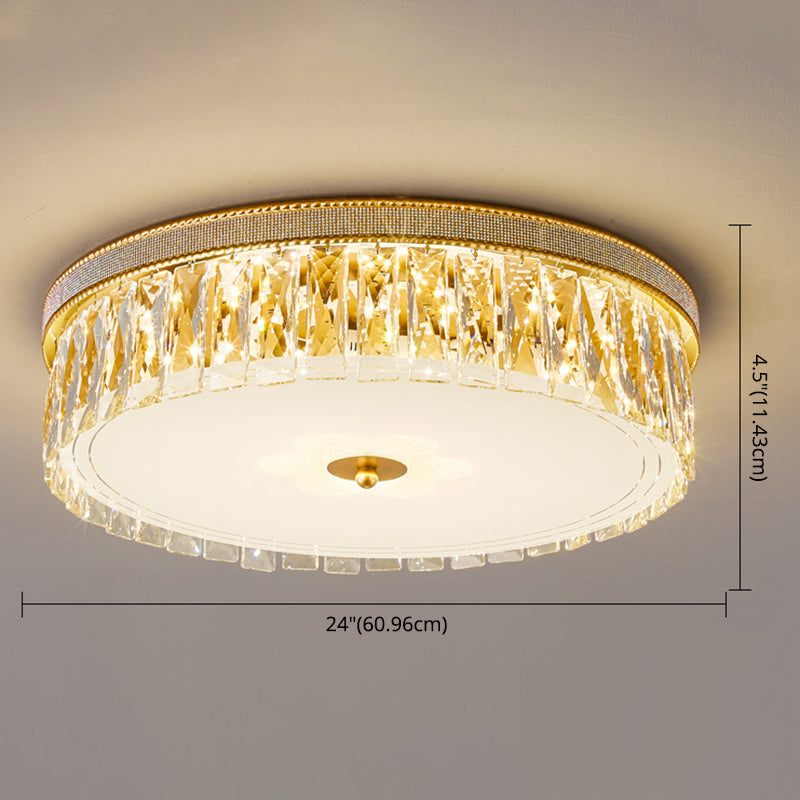 Gold Cylindrical LED Ceiling Light in Modern Luxury Style Crystal Indoor Flush Mount with Glass Shade