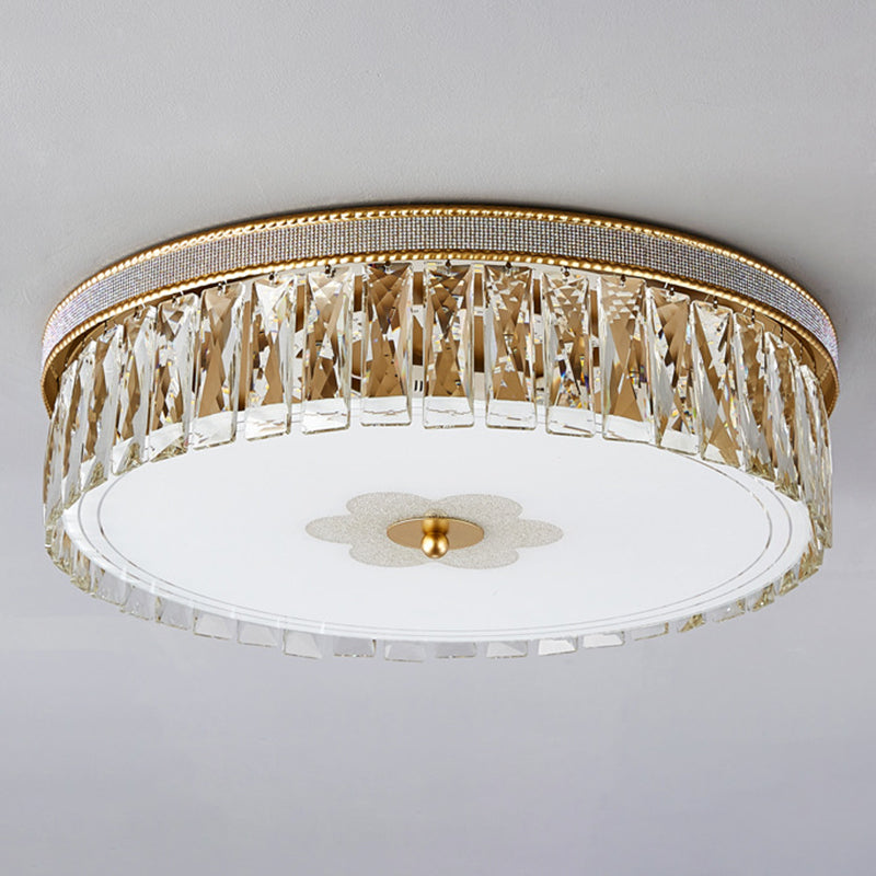 Gold Cylindrical LED Ceiling Light in Modern Luxury Style Crystal Indoor Flush Mount with Glass Shade