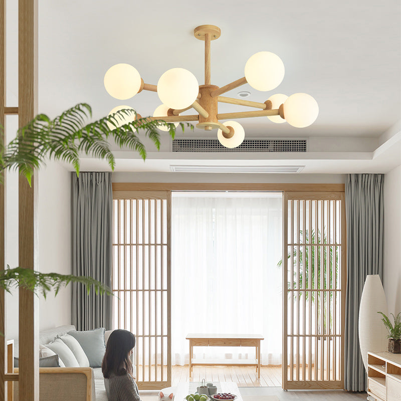 Minimalist Round-Shaped Chandelier Light Wood Bedroom Chandelier Lighting Fixture in White