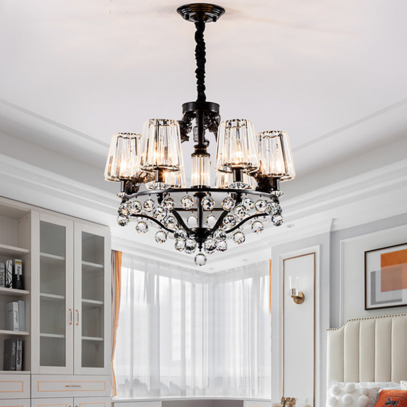Luz de colgante de lámpara de lámpara cónica negra Bloque de cristal tradicional 3/6 cabezas de dormitorio Luz de techo colgante