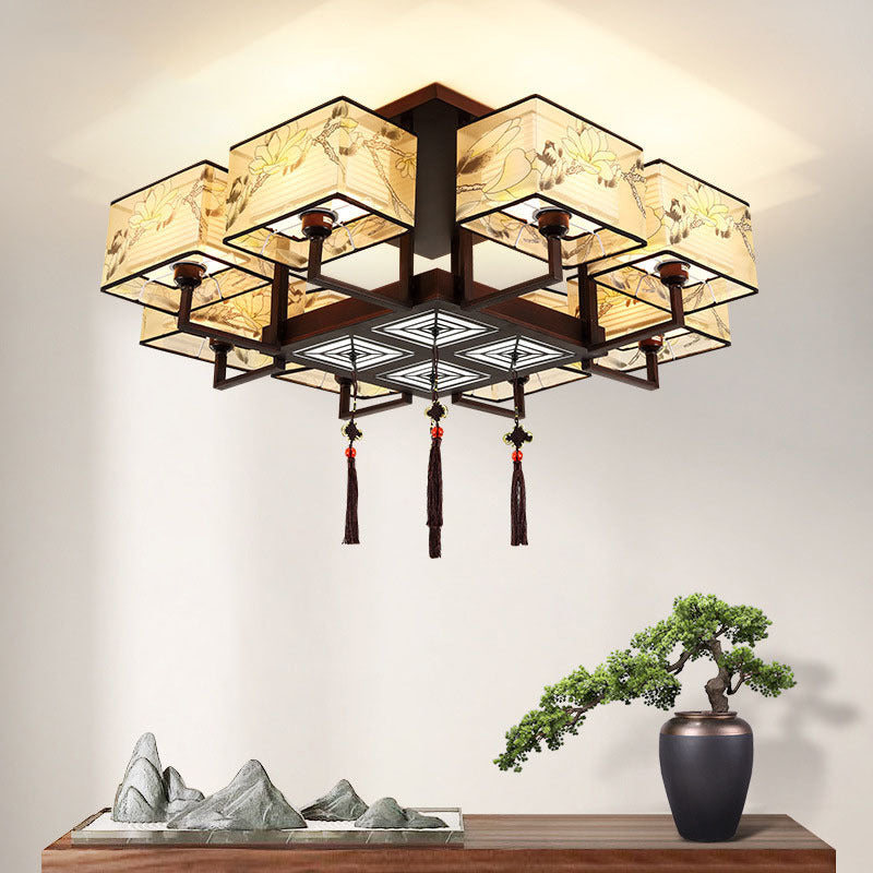 Lámpara de montaje de semi rasponjera de color marrón luz de techo de hierro forjado tradicional con sombra de tela cuadrada