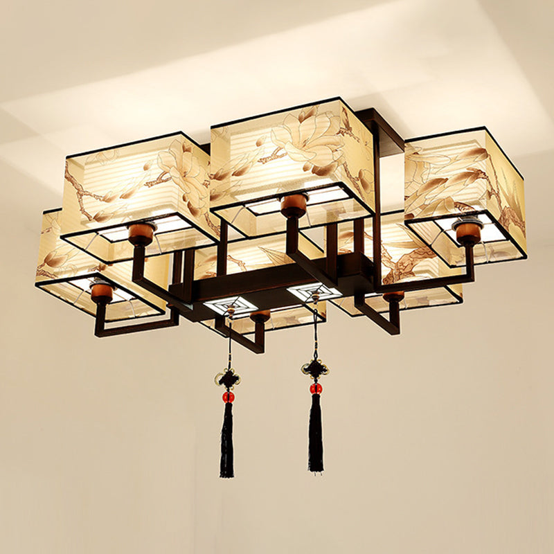 Braune Halbflush -Mount -Lampe Traditioneller Stil Schmiedeeisen Deckenleuchte mit quadratischem Stoff Schatten