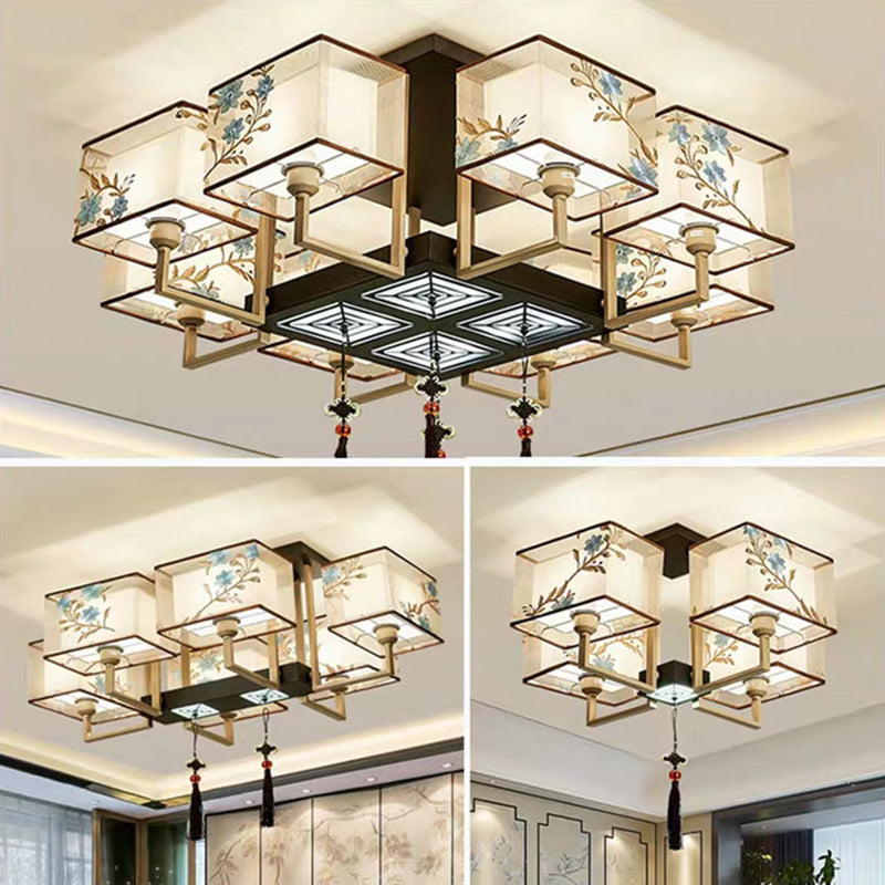 Braune Halbflush -Mount -Lampe Traditioneller Stil Schmiedeeisen Deckenleuchte mit quadratischem Stoff Schatten