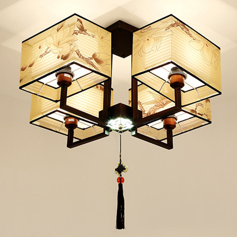 Braune Halbflush -Mount -Lampe Traditioneller Stil Schmiedeeisen Deckenleuchte mit quadratischem Stoff Schatten