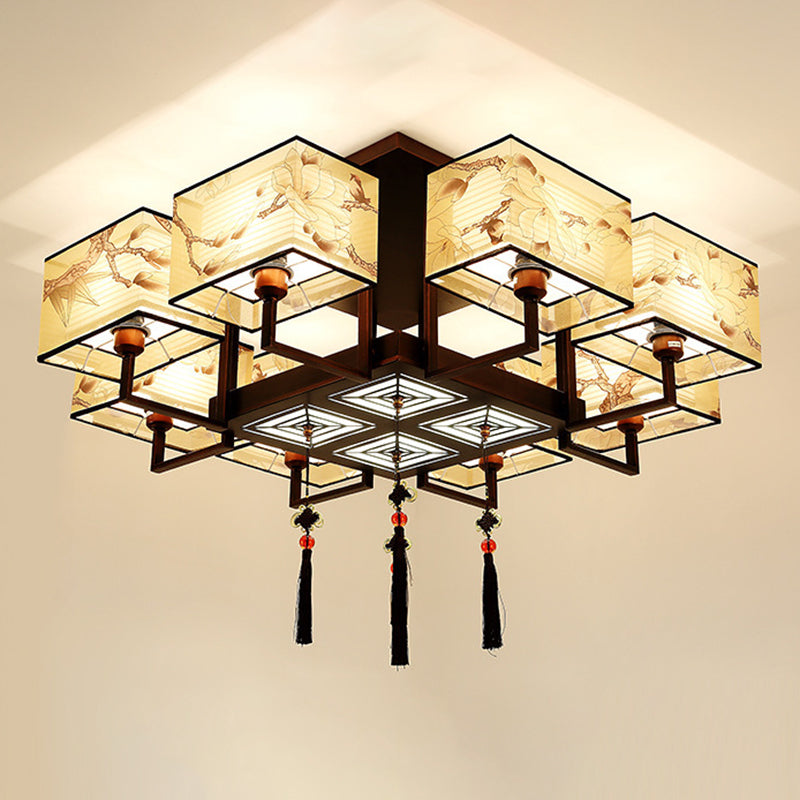 Braune Halbflush -Mount -Lampe Traditioneller Stil Schmiedeeisen Deckenleuchte mit quadratischem Stoff Schatten