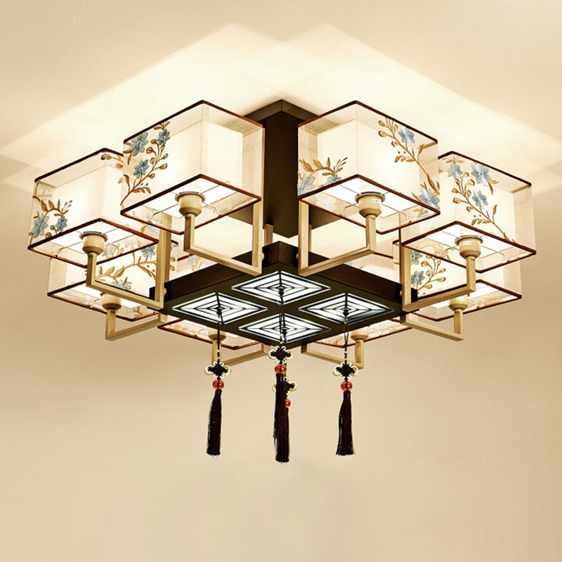 Braune Halbflush -Mount -Lampe Traditioneller Stil Schmiedeeisen Deckenleuchte mit quadratischem Stoff Schatten