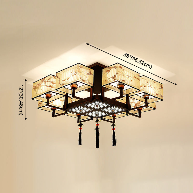 Braune Halbflush -Mount -Lampe Traditioneller Stil Schmiedeeisen Deckenleuchte mit quadratischem Stoff Schatten