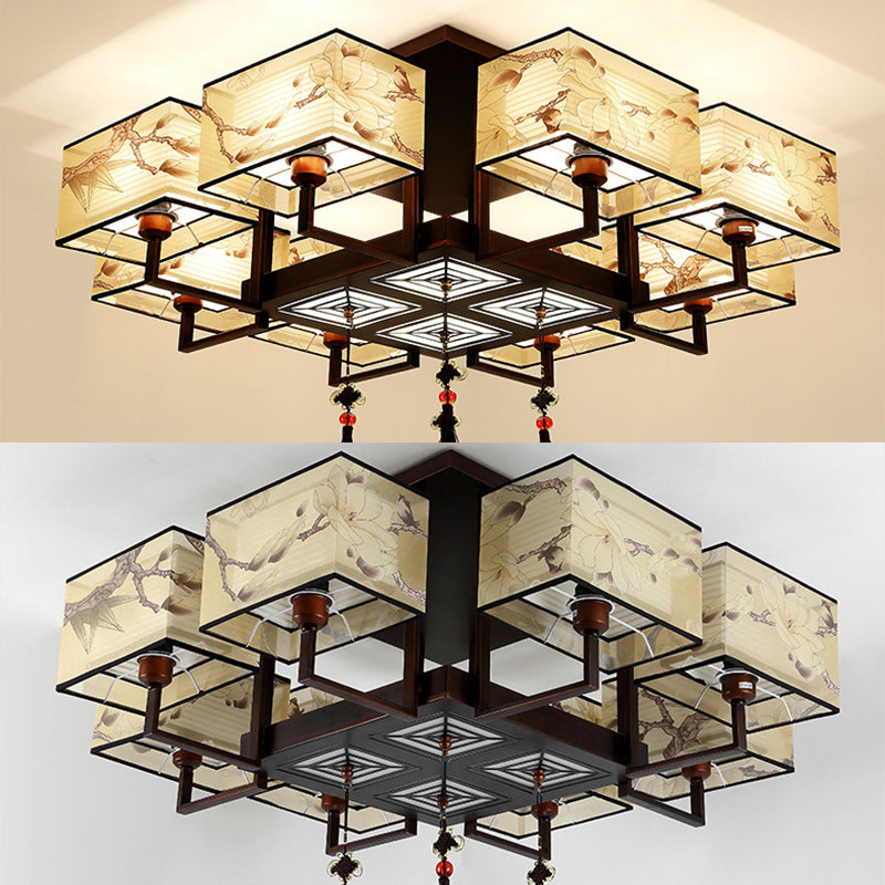 Braune Halbflush -Mount -Lampe Traditioneller Stil Schmiedeeisen Deckenleuchte mit quadratischem Stoff Schatten