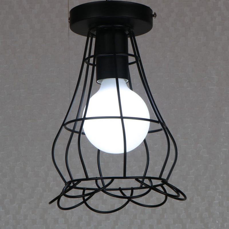 Black 1-Light Semi Flush Ceiling Light in Industrial Vintage Style Wrought Iron Flush Mount with Iron Frame