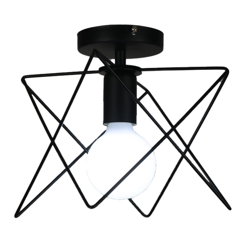 Black 1-Light Semi Flush Ceiling Light in Industrial Vintage Style Wrought Iron Flush Mount with Iron Frame