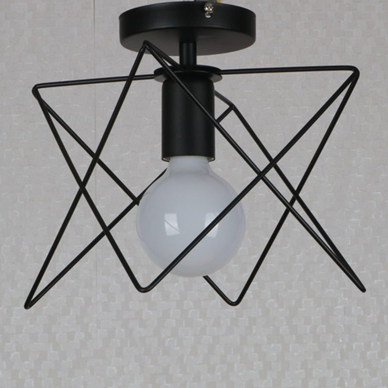 Black 1-Light Semi Flush Ceiling Light in Industrial Vintage Style Wrought Iron Flush Mount with Iron Frame