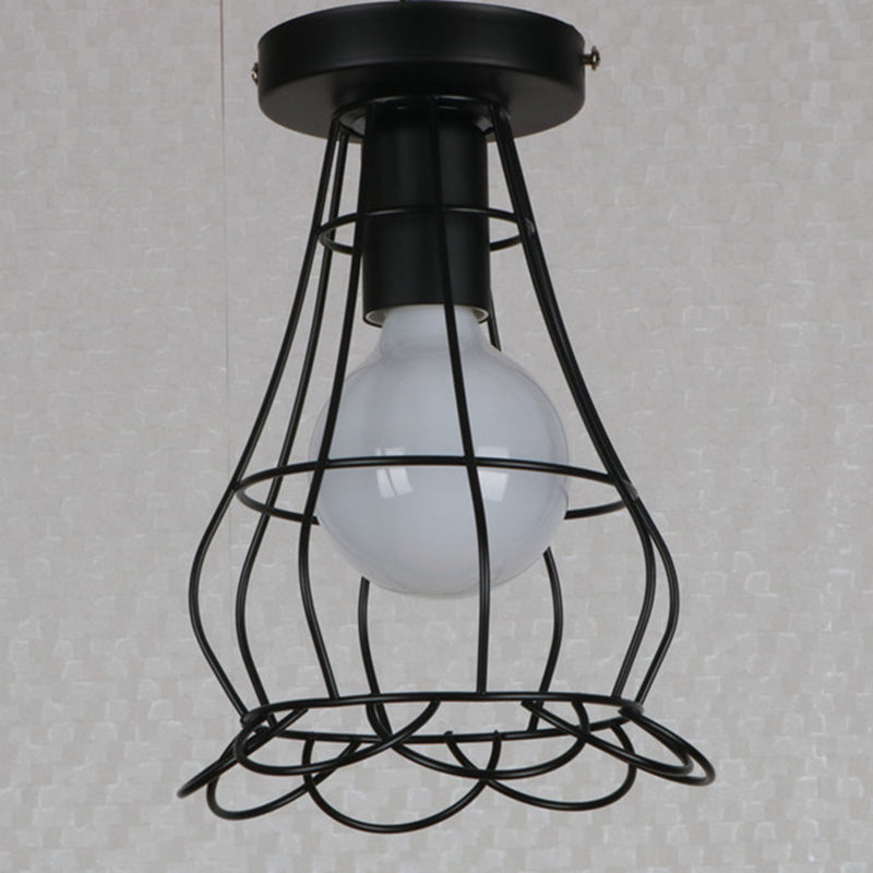 Black 1-Light Semi Flush Ceiling Light in Industrial Vintage Style Wrought Iron Flush Mount with Iron Frame