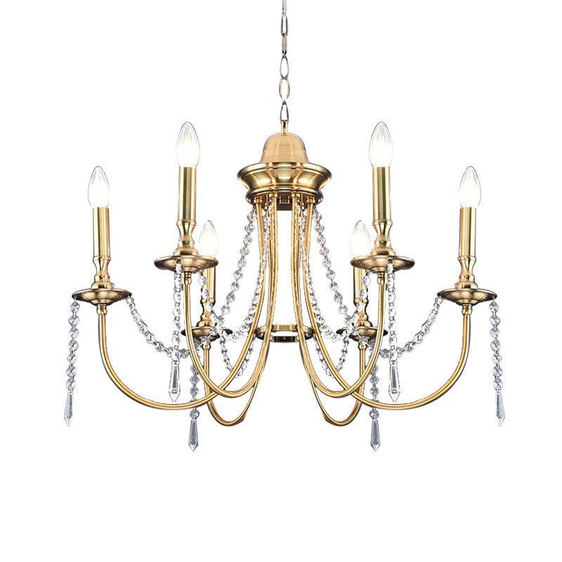6 Heads Crystal Strand Hanging Light Postmodern Gold Candle Bedroom Chandelier Lamp