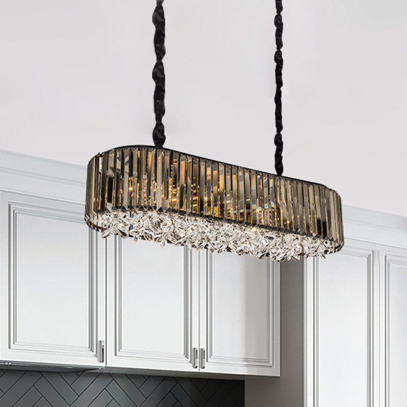 6 Heads Three Sided Crystal Pendant Light Modern Smoke Gray Oval Dining Room Island Ceiling Light