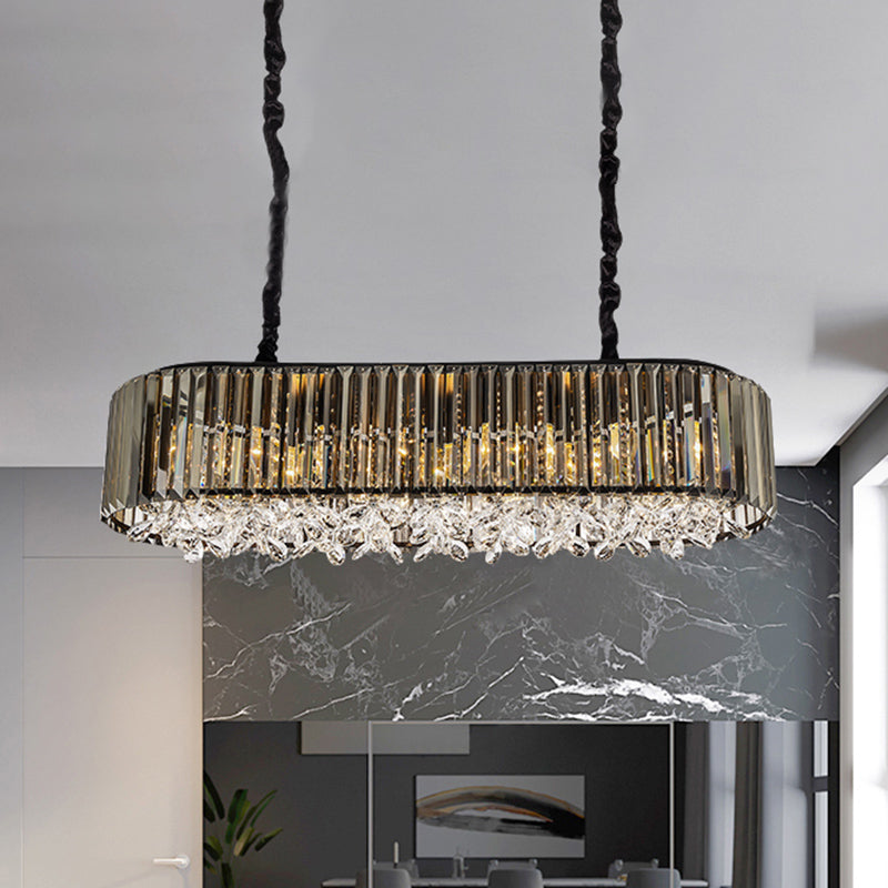 6 Heads Three Sided Crystal Pendant Light Modern Smoke Gray Oval Dining Room Island Ceiling Light