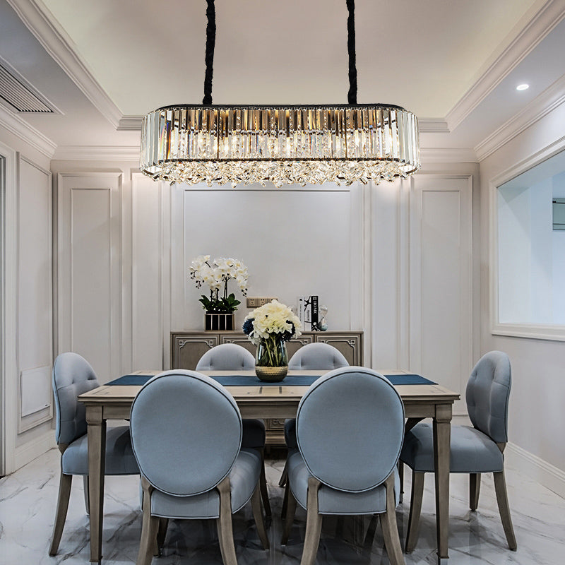 6 Heads Three Sided Crystal Pendant Light Modern Smoke Gray Oval Dining Room Island Ceiling Light