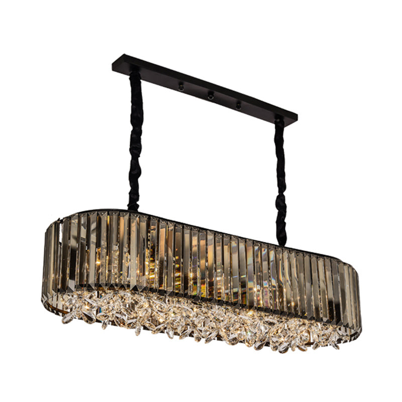 6 Heads Three Sided Crystal Pendant Light Modern Smoke Gray Oval Dining Room Island Ceiling Light