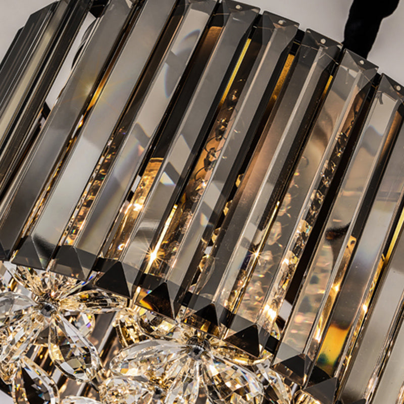 6 Heads Three Sided Crystal Pendant Light Modern Smoke Gray Oval Dining Room Island Ceiling Light