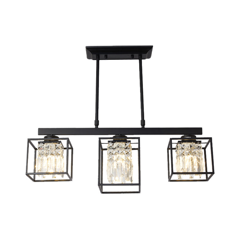 Tri-Sided Crystal Rod Black Hanging Ceiling Light Square 3/4 Heads Contemporary Island Lamp