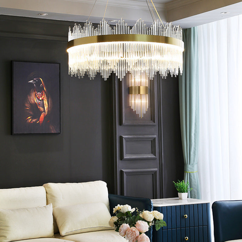 Modern Simplicity Drum Pendant Chandelier Clear Crystal Glass Hanging Light Fixture for Living Room
