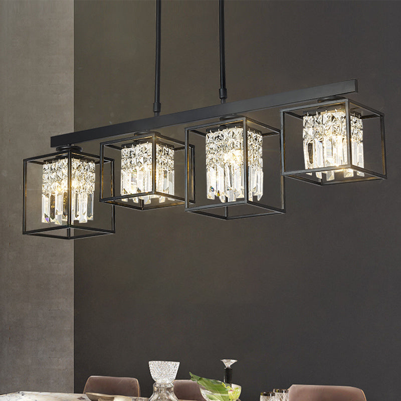 Tri-Sided Crystal Rod Black Hanging Ceiling Light Square 3/4 Heads Contemporary Island Lamp
