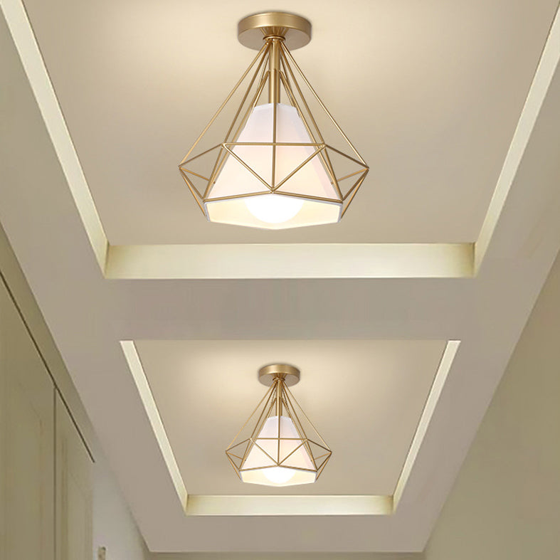 Diamond Cage Semi Flush Mount Light Fixture Industrial Iron Ceiling Mounted Fixture for Corridor