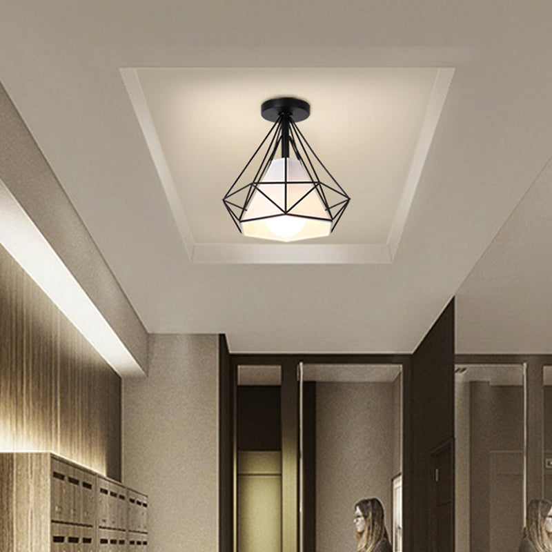 Diamond Cage Semi Flush Mount Light Fixture Industrial Iron Ceiling Mounted Fixture for Corridor