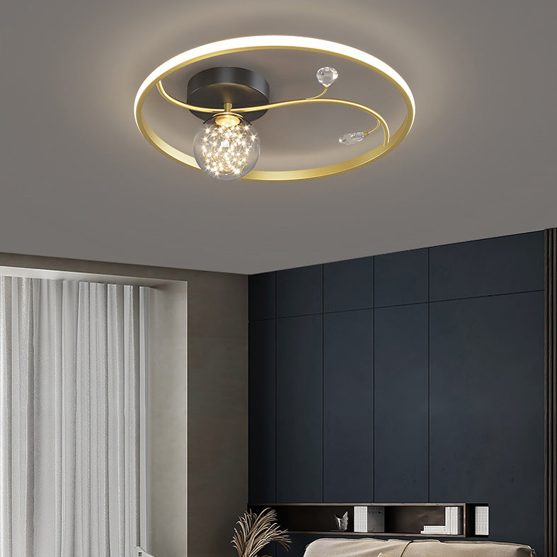 Luz de techo estrellado de metal LED de montaje en forma de anillo negro en forma de anillo con decoración de cristal
