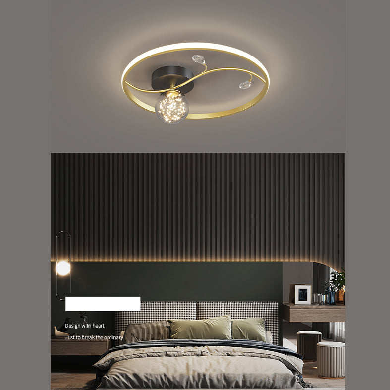 Luz de techo estrellado de metal LED de montaje en forma de anillo negro en forma de anillo con decoración de cristal