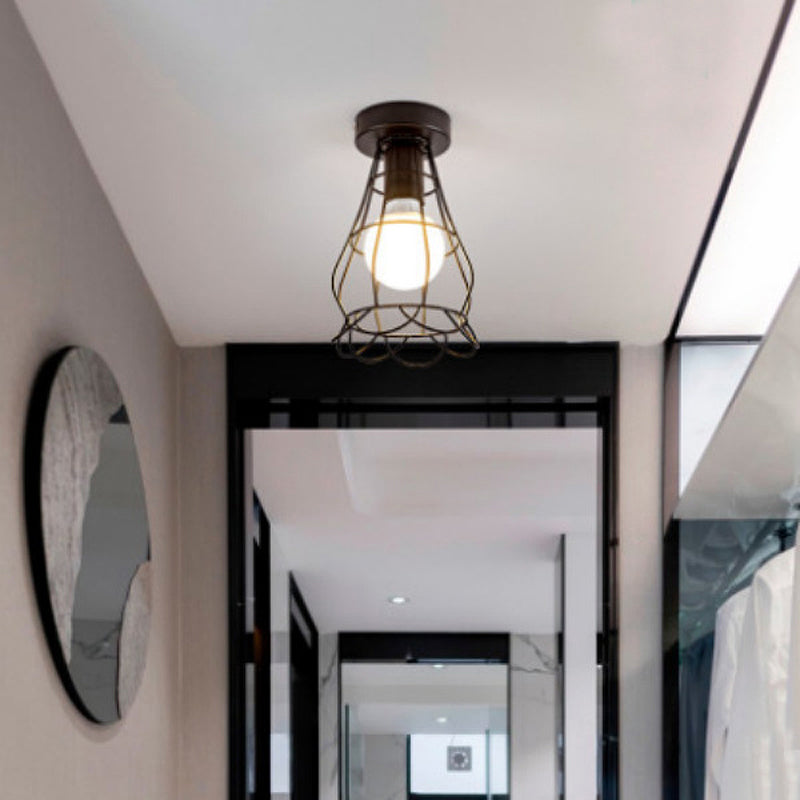 Black 1-Light Semi Flush Ceiling Light in Industrial Vintage Style Wrought Iron Flush Mount with Iron Frame