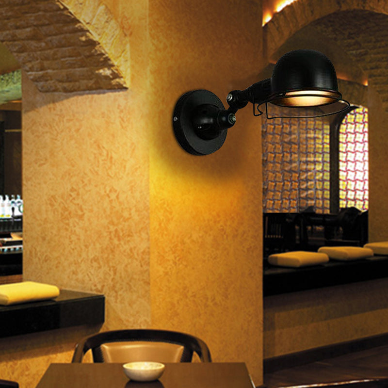 Black Wrought Iron Wall Mount Lamp with Metal Bowl Shade Industrial Style Single Bulb Lighting Fixture for Coffee Shop Bar