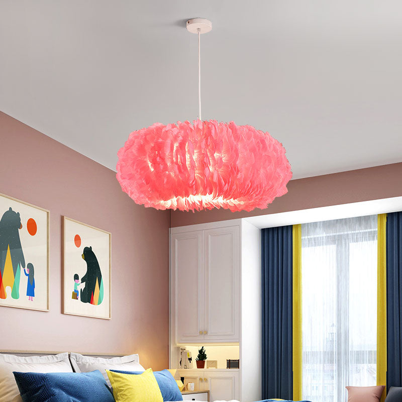 Circle Feather Chandelier Pendant Light Minimal Hanging Light Fixture for Bedroom
